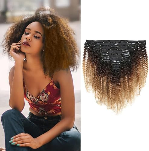 18 Zoll 8A Remi Human Hair Clip in Extensions 8Pcs/Set Afro Kinky Curly Double Wefts für Schwarze Frauen Ombre Farbe 120 Gramm/Set(T1B-4-27#)