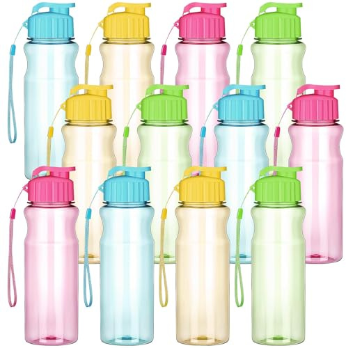 LYCN 12er Set Kunststoff Trinkflaschen 500ml – Wiederverwendbare Sport Trinkflasche mit auslaufsicherem Klappdeckel & Trageschlaufe, Trinkflaschen Bulk für Schule, Reisen, Outdoor, Fitness (4 Farben)