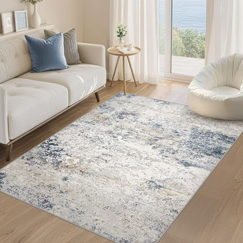 DMOYEST Teppich Wohnzimmer Modern 120x170cm Beige Blau Waschbar | Kurzflor Weich Maschinenwaschbar Rutschfest, Kinder und Haustierfreundlich für Schlafzimmer Esszimmer Büro