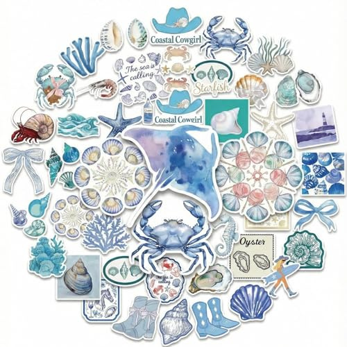 50 Stück Blaue Meeresthema Sticker Set Scrapbooking Aesthetic Deko Aufkleber für Fotoalbum Koffer Reisen Tagebuch DIY Geschenk