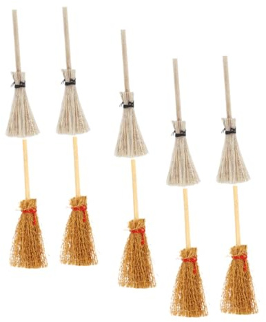 Mikikit 10pcs Miniature Wooden Broom Set for Dollhouse Decor Mini Room Brooms Bulk Brown and White Handles for Tiny Doll Play Houses and Micro Landscape Accessories