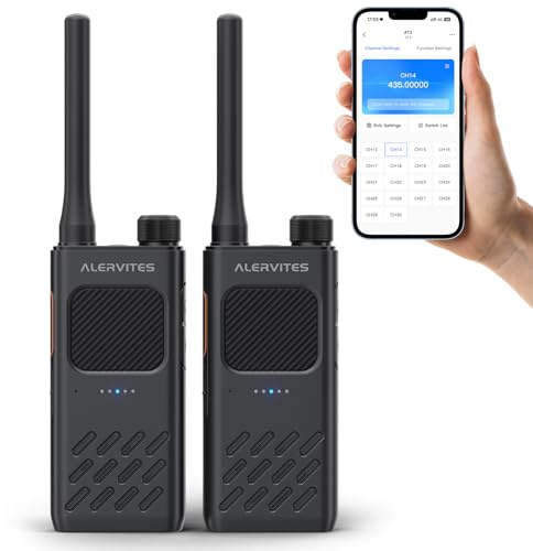 Alervites AT2 UHF Walkie Talkie con Enviar Texto e Imagen para Uso Fuera de la Red, App inalámbrica programación y Control, Doble PTT, 30CH, 2200mAh Batería, USB-C, Ideal para Senderismo, 2 Unidades