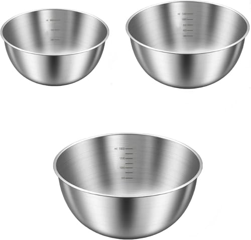 Yolemiko 3Pack Stainless Steel Mixing Bowls Set - Ideal for Baking, Dough Kneading, Food Prep, Salad Tossing & Kitchen Organization (0.8L+1.2L+1.8L)