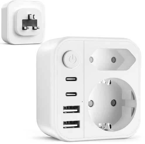 Adaptador Enchufe UK, 6 en 1 Adaptador Tipo G a Europeo, Adaptador Portátil del Reino Unido con 2 USB, 2 Tipo C, 2 Enchufes, Adaptador de Viaje para Irlanda, Malasia, Inglaterra, Singapur
