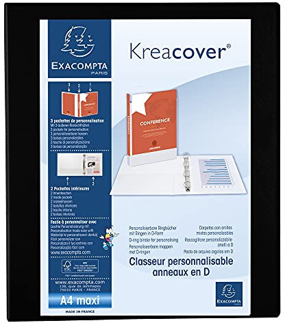 Exacompta 51846NE Präsentationsringbuch KreaCover aus blickdichtem Kunststoff für DIN A4, 4-D Ring Mechanik 25 mm, Rücken 47 mm, schwarz ideal für Schule und Büro Ringhefter Ringordner Ringbuchordner