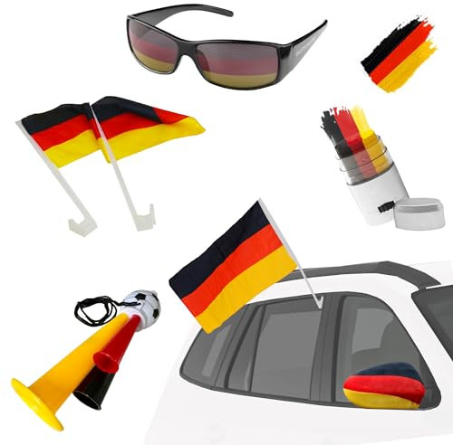 Piersando Auto Fan Set Deutschland Fussball EM & WM Länderflagge Fanartikel Land Fahne Flagge Tröte Schminke Brille