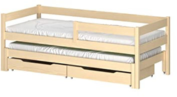 WNM Group Kinderbett Ausziehbar JULA mit Rausfallschutz und Matratzen - Bett mit Schubladen und Lattenrost - Ausziehbett für Jugendliche - Jugendbett - Gebleichte Eiche -140x70/130x60 cm