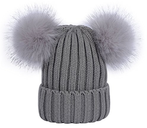 LAUSONS Warme Wintermütze für Damen Beanie Mützen Gerippte Strickmütze mit doppeltem Kunstfellbommel