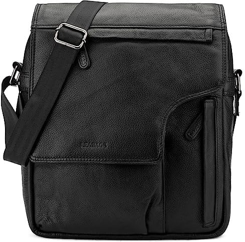 LEABAGS Leder Umhängetasche Herren & Damen I Echtleder Laptoptasche bis 13 Zoll I Messenger Bag mit Schultergurt I Schultertasche I Arbeitstasche I Tragetasche I Handtasche I Nappa Schwarz