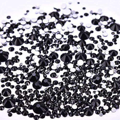 Jollin 3456 Piezas del Strass Abalorios Cristal Vidrio pedrería Espalda Planas Gemas Diamantes Para Uñas Arte 6 Tamaño S4~S12, Negro azabache