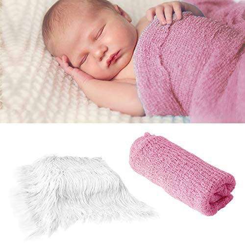 oenbopo 2Pcs Baby Newborn Photo Props Wraps & Photography Mat, DIY Newborn Baby Photo Blanket Swaddle, Soft Faux Fur & Acrylic Fibers, Pink, Blanket Size:19.68*23.63