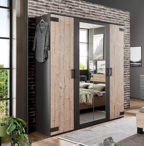 Wimex German Malmo Kleiderschrank, 4 Türen, 2 Spiegel, 180 cm, Silbereiche / Grau