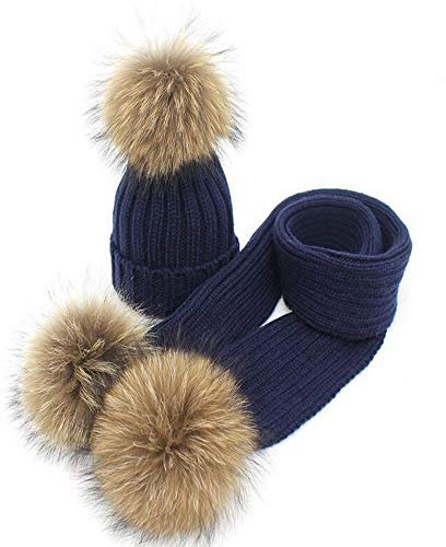 Premewish Mädchen Jungen Strick Mütze Beanie Wolle Schal Wollmütze Bommelmütze Winterschal Kombi Set Kinder mit Echtfell (Blau)