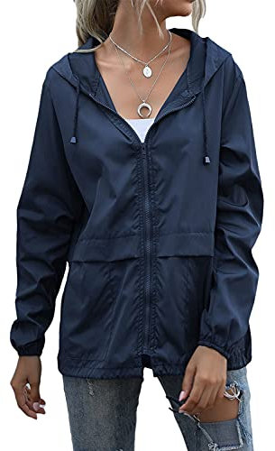ORANDESIGNE Veste de Pluie Imperméable pour Femmes Léger Veste De Pluie Courte Coupe Vent Extérieure Manteaux à Capuche Vacance Coupe-Vent Zippé Bleu foncé XXL