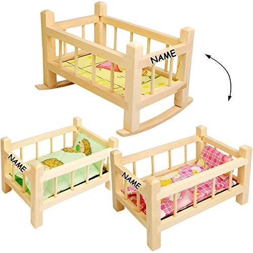 alles-meine.de GmbH Holz - Puppenbett & Puppenwiege - inkl. Name - UMBAUBAR - mit Bettzeug - 34 cm lang - Bett aus Naturholz - für Puppen - Decke & Kopfkissen - Wiege Kinderbett ..