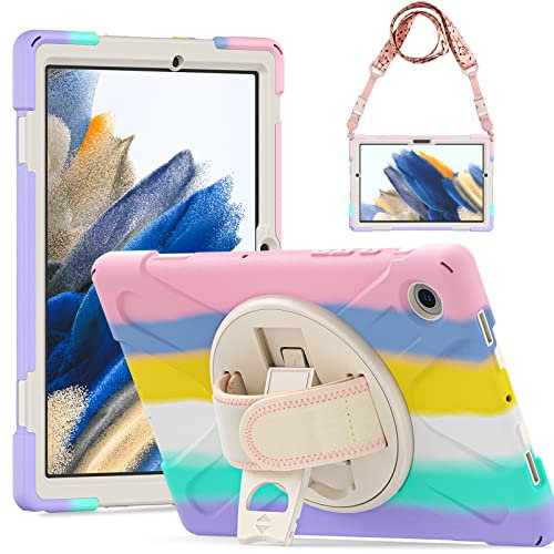 Gerutek Hülle für Samsung Galaxy Tab A8 10.5 Zoll 2021 SM-X200/SM-X205/SM-X207, Stoßfeste Robust Panzerhülle mit Drehbar Stände Handschlaufe, Schultergurt Schutzhülle für Samsung Tab A8 10.5 Bunt Rosa
