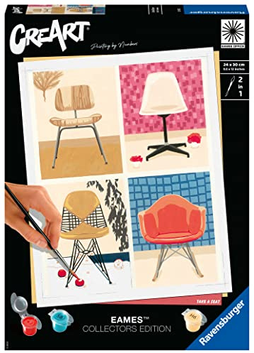 Ravensburger CreArt Eames Take a Seat - Malen nach Zahlen für Erwachsene | EAMES DIY Malset mit Pinsel und Acrylfarben, 24 x 30 cm, Geschenk für Frauen und Männer