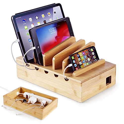 Modern Innovations Bamboo Charging Station for Multiple Devices (Natural) Wood Device Organizer, Desk Docking Stand for Cell-Phone Charger, Compatible with Apple, Android, iPad, iPhone, Tablet, Laptop