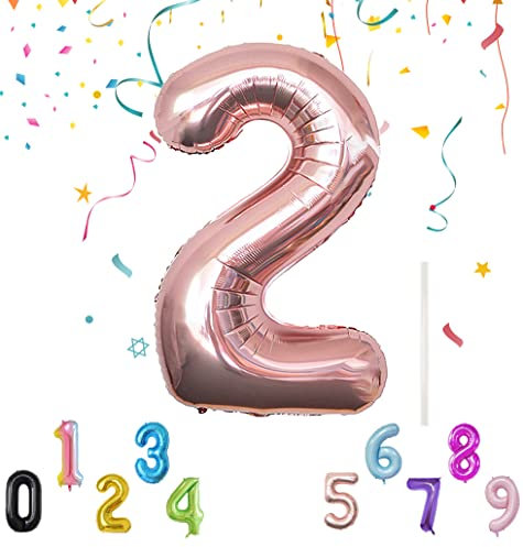 Luftballon mit Strohhalm 100cm-40 XXL Riesen Folienballon für Geburtstagsdeko Jubiläum, Helium Zahlenballon für Deko zum Party, Wiederverwendbare Folienballons - Roségold Zahlen 2 Luftballon