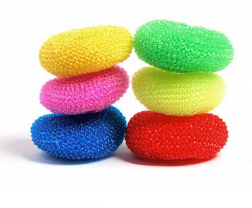 Plastic Sponge Non Scratch Scourers Scrubber Washing Up reusable Scrub Non Stick Round Mesh Scouring Ball long lasting for Dish washing Cleaner Kitchen Pan Pots Sink Accessories (6 plastic scourers)