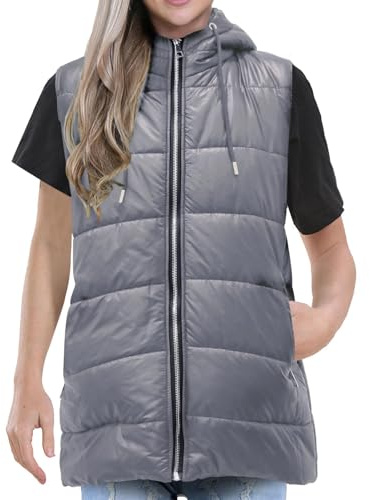 A2Z Ladies Adults Sleeveless Gilet Oversized Hooded Black Quilted Gilet Padded Long Line Vest Jacket Sleeveless Coat Urban Winter Wear