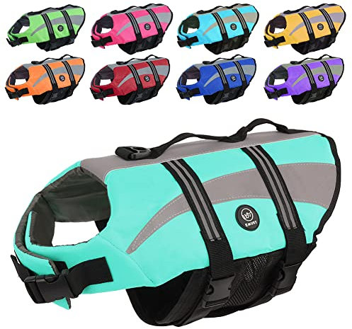 EMUST Rettungsweste für große Hunde, Hundeschwimmweste für kleine/mittelgroße/große Hunde mit doppelten Rettungsgriffen, hochreflektierender Rettungsschutz für das Schwimmen, Türkis, L