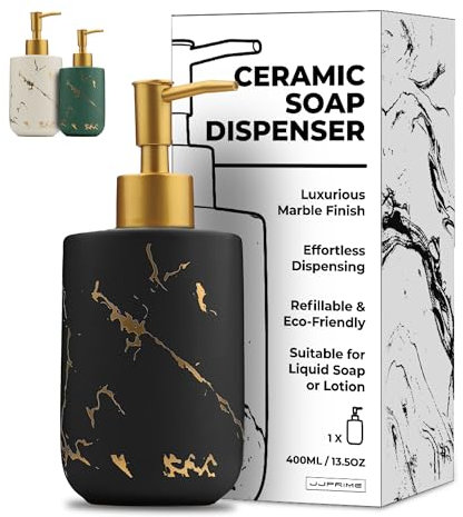 JJ PRIME - Dispenser Sapone Bagno 400ML | Marmo Dosatore Sapone Bagno | Porta Sapone Liquido Bagno | Dispenser Sapone Nero | Portasapone Liquido Bagno - Dispenser Sapone Bagno Ceramica (Nero)