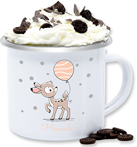 Emaille Tasse Blechtasse - Tiere - Süßes Reh Rehkitz - 300 ml - Weiß Silber - personalisierte tier name tieren rehe tiermotiv baby personalisieren süß geschenke kleine und kinder