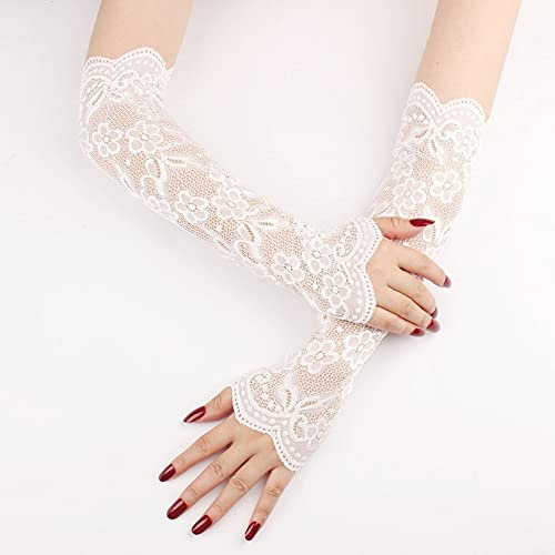 Wambere Damen Kühlung Arm Ärmel,Spitze Lange Handschuhe Arm Sleeve Sonnenschutz Ärmel Spitzen Ärmlinge Stulpe Fahrradhandschuhe Ellenbogen Handschuhe für Radfahren,Laufen,Golf,Fahren,Weiss