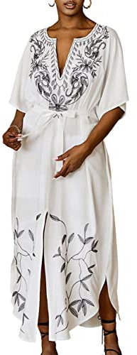 Bsubseach Kaftan Badeanzug Cover Ups für Bademode Frauen Long Beach Kaftan Kleid mit Gürtel Weiß Stickerei