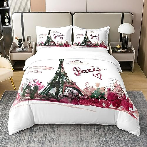 100% Baumwolle Paris Bettbezug 135x200,Romantische Eiffelturm Bettwäsche Set,Rosa Blüten Blumen Tröster Abdeckung für Valentinstag,Jubiläum Bettwäsche Abdeckung mit 1 Kissenbezug Leicht