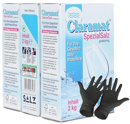 Claramat Spezial Salz 3 x 2 kg (6 kg) Spülmaschinensalz Regeneriersalz Wasserenthärteranlagen Geschirrspülmaschine inklusiv 1 Paar ARNOMED Einweghandschuh