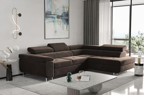 Kaiser Möbel, Ecksofa mit schlaffunktion, mit Bettkasten, Schlafsofa Atom Lux, Designer Sofa, Modern Design Couch, Polsterecke, Freistehend, Stoff Monolith Klasse A, Dunkelbraun Rechts