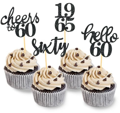 24 Pcs Glitter 60th Birthday Cupcake Toppers for Celebrating Sixty Years Old Birthday Party Decorations (Black)