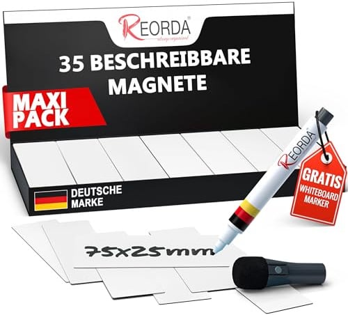 Reorda® Magnetstreifen beschreibbar - 35 Stück - 75x25mm (+ Stift) | Wiederbeschreibbar, beschreibbare Magnete für Whiteboard, Kanban, Magnettafel - beschriftbare Magnete für den Kühlschrank