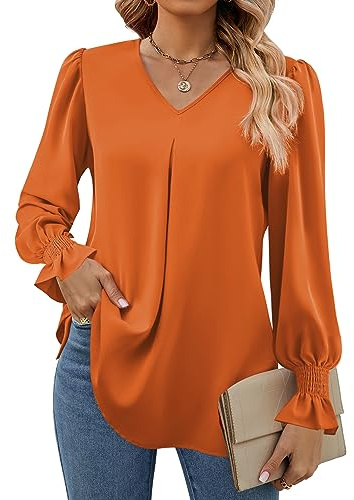 Funlingo Women's 2024 Long Sleeve Tops Dressy Casual V Neck Tunic Shirts Loose Chiffon Work Blouse, 00_burnt Orange, Medium