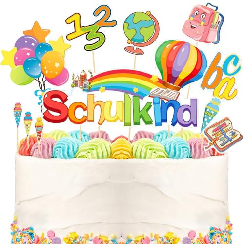 11 Stück Tortendeko Einschulung, Cake Topper Einschulung, Kuchendeko Schulanfang, ABC 123 Tortenaufsätze, Schulwaren Tortenaufsätze für Mädchen Junge