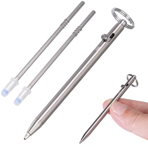 TIKIDESIGN TKP1 Mini Titanium EDC Pen with Black Refills and Keyring, Bolt Action Pen for EDC Work Business