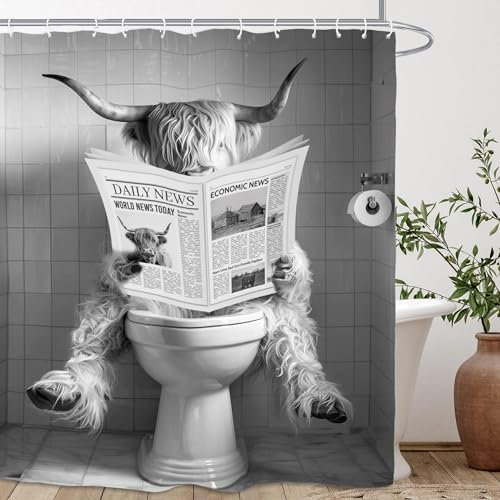 Kalmico Lustiger Duschvorhang mit Hochlandrind und Stiern, 152 x 183 cm (B x L), rustikales Bauernhaus, Zeitung, Badezimmer-Set, Zubehör, Dekor mit 12 Haken