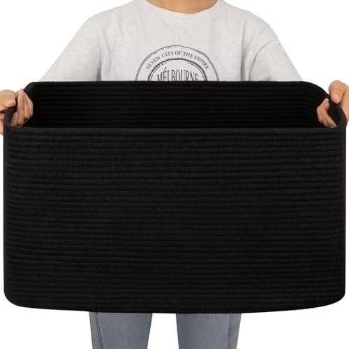 OIAHOMY Großer Deckenkorb, Aufbewahrungskörbe mit Griff, rechteckiger gewebter Baumwollseilkorb, Spielzeug-Organizer, 55,9 x 43,2 x 30,5 cm, Anthrazitschwarz