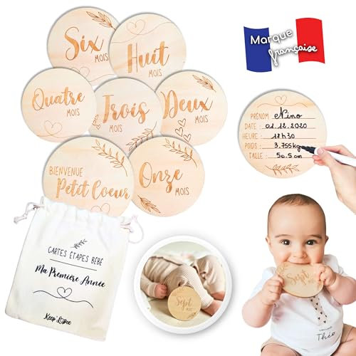Keep’Love Cartes Étapes Bébé en Bois en FRANÇAIS, Première Année Mois par Mois, Cadeau Naissance, Souvenir, Idée Cadeau Future Maman Baby Shower, 7 Cartes en Bois Recto-Verso + Pochon en lin OFFERT