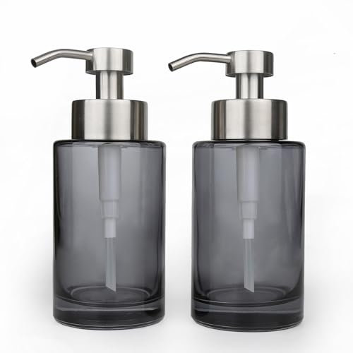 Silver Glass Soap Dispenser 2Pack with Stainless Steel Pump & Label, 12oz Thick Glass Grey Hand Dispenser for Bathroom & Kitchen