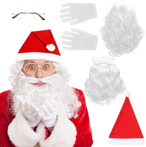 Weihnachtsmann Bart Und Perücke Set,6Stück Weihnachtsmann Kostüm Set,Mit Weihnachtsmann Perücke Nikolausbart Weihnachtsmütze Weihnachtsbrille Handschuhe,Verkleiden Als Nikolaus,Für Weihnachten Cosplay