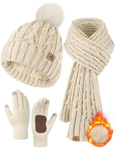 Wintermütze, Schal, Handschuhe, Set, Fleece-gefüttert, Bommelmütze, warm, gestrickt, langer Schal, Touchscreen-Handschuhe, Wintergeschenk für Damen