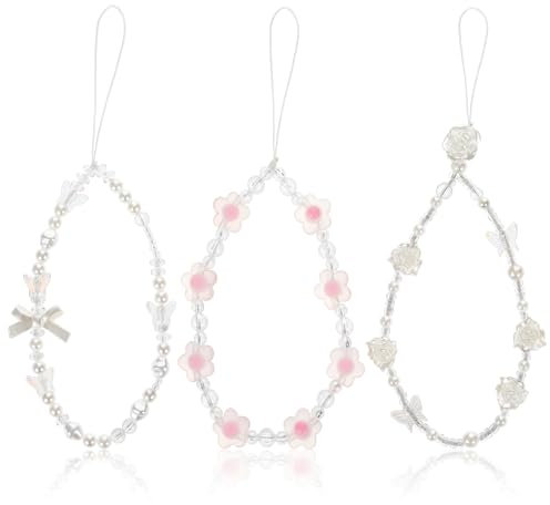 Tucnoeu 3 Stück Handykette Kurz mit Perlen-, Schmetterlings- und Blumenperlenverzierung Handy Kette Perlen Weiß Handy Anhänger, Frauen Rucksack Anhänger, Handy-Anhänger, Schlüssel Dekoration