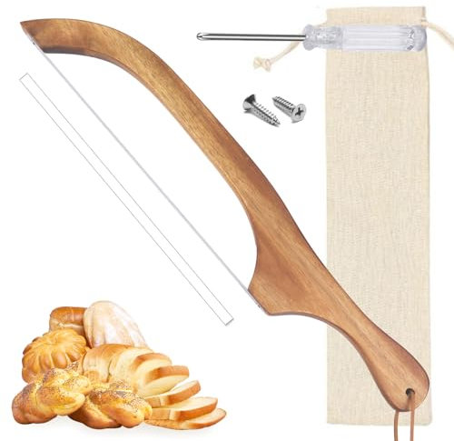 Bread Slicer for Homemade Bread, 16’’ Wooden Bread Bow Saw Cutter Sourdough Bread Knife Stainless Steel Serrated Bread Cutter Sourdough Slicer for Homemade Braed Sourdough Bagels