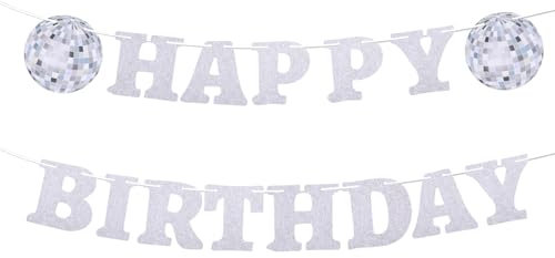 Apausvcm 1 Set Disco Deko Geburtstag Girlande Set,Discokugel Happy Birthday Banner,Silbernes Glitzerndes Geburtstagsschild,Disco Party Dekorationen,Happy Birthday Banner für 70er 80er Geburtstag