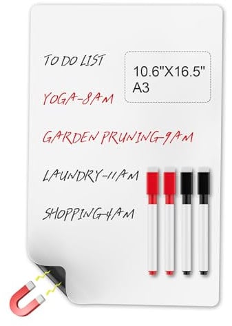 MOXYOY A3 Magnetic Whiteboard for Fridge,27x42cm Dry Erase Whiteboard Sheet with 4 Marker Pen,Magnet Board for Family Weekly Meal Planner, Notes or Reminders,Office Notice Board
