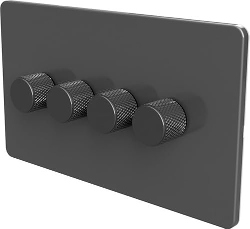 Flat Trailing Edge 2 Way LED Dimmer Switch Rotary Push On/Off for Dimmable LED and Halogen Lights - Grey 4-Gang