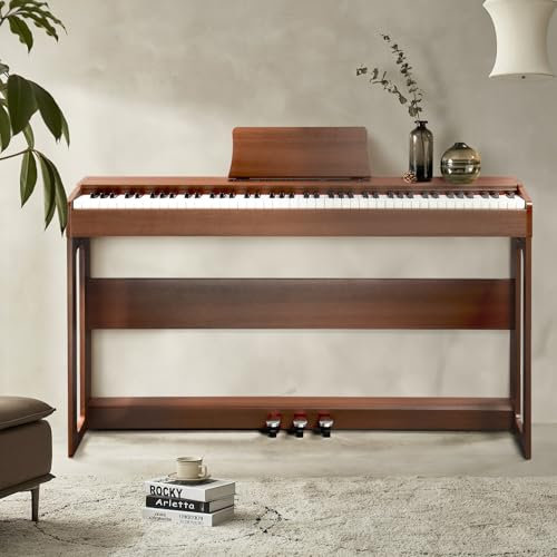 Bonnlo GDP-104 E Piano 88 Tasten, vollgewichtete Tastaturen Digitalpiano mit Klavierständer, Dual Bluetooth, 3-Pedal-System, Kopfhörer – für Anfänger und Fortgeschrittene, Schwarznussbraun